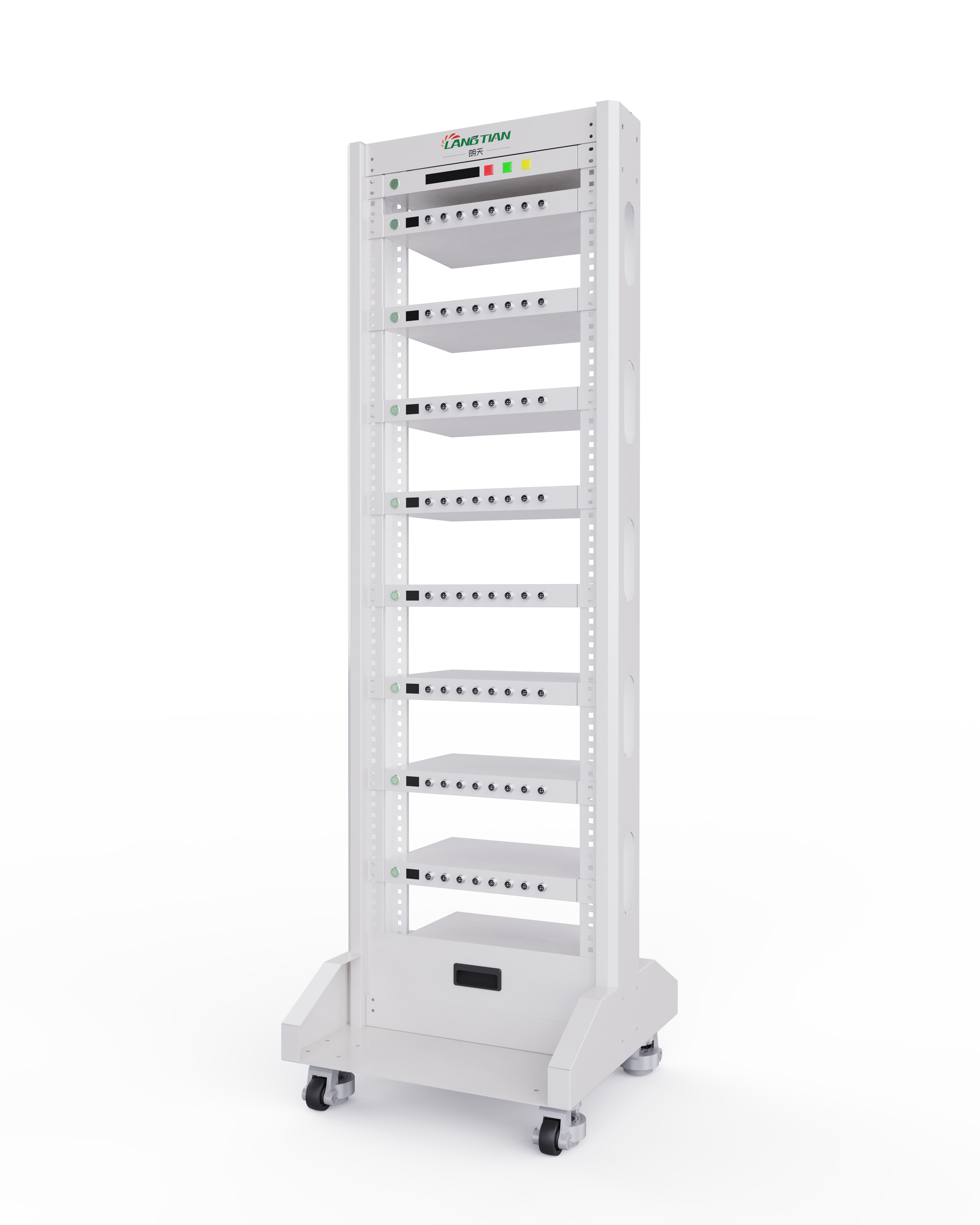 Front view of LCT-5V200mA-16CH  lithium battery tester featuring 8 modular battery analyzer units for lab use.