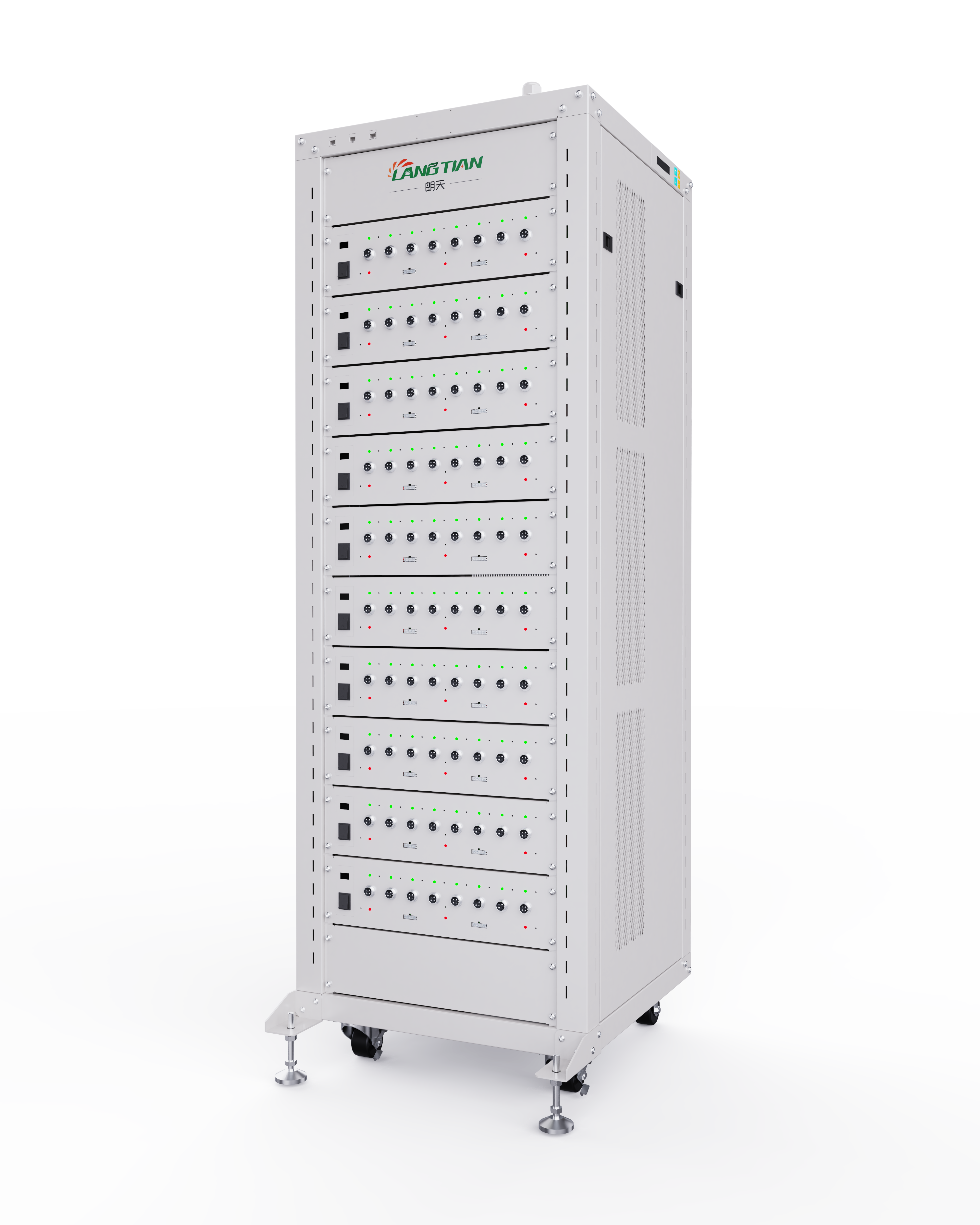 Front view of LCT-5V12A-8CH lithium battery tester featuring 8 modular battery analyzer units for lab use.