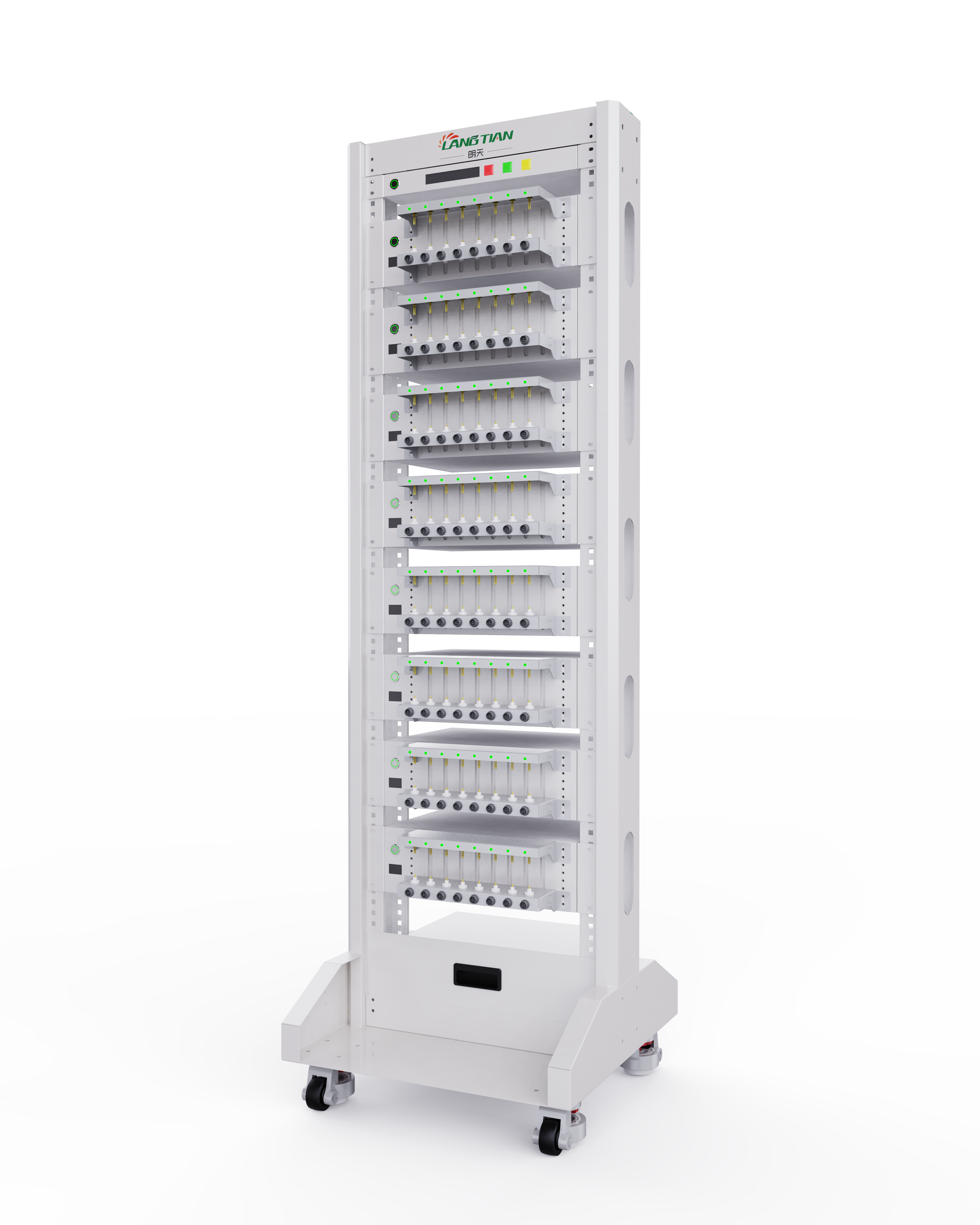Front view of LCT-5V6A-16CH lithium battery tester featuring 8 modular battery analyzer units for lab use.